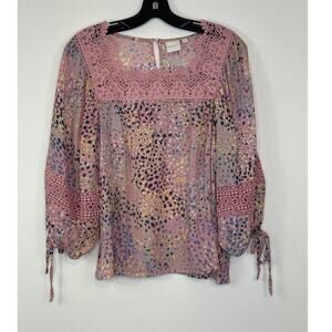 Zac Rachel Polka Dot Blouse Medium Lace Trim Balloon Sleeve Tie Boho Chic Top